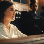 young woman with brown hair on the witness stand after being prepared with a witness preparation checklist