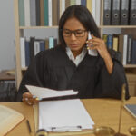 Young woman judge in courtroom legal transcription documents while talking on phone, surrounded by legal books and scales of justice on desk.