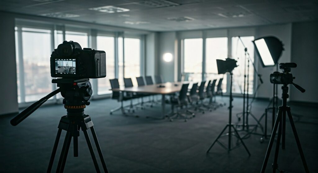 camera pointed at a table and chairs ready for a credible witness preparation