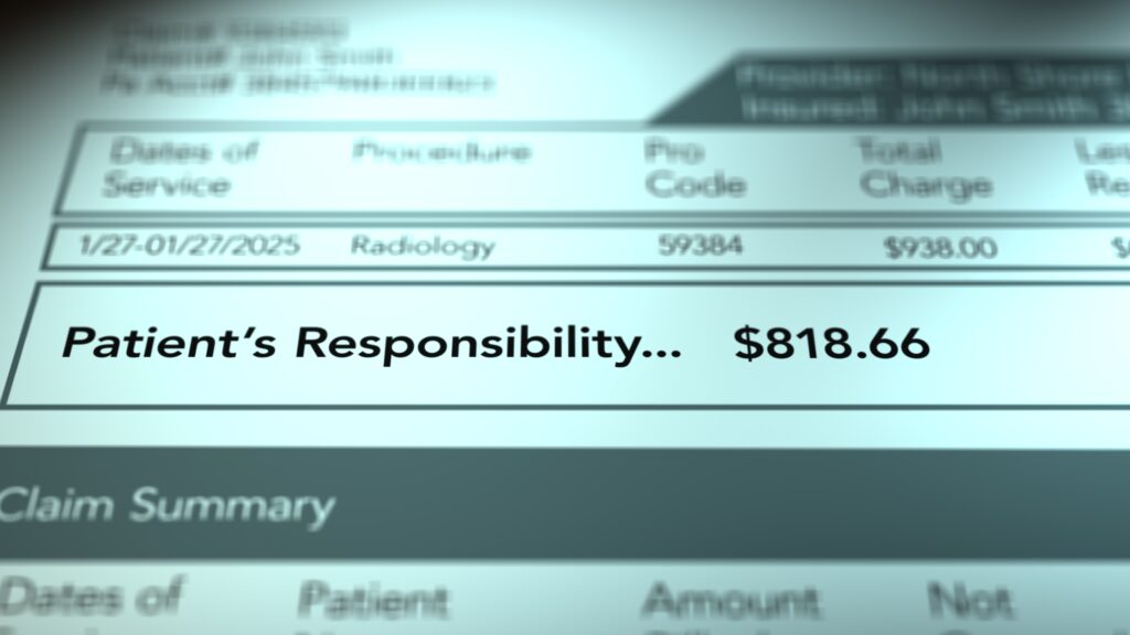 close up of total amount on a medical bill labeled patient responsibility